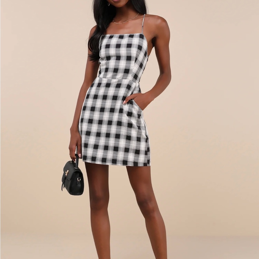 Lulu's Black and White Plaid Lace-Up Dress